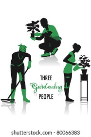 Two-tone silhouettes of three gardening people, part of a collection of lifestyle people