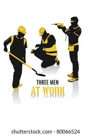 Two-tone silhouettes of three men at work, part of a collection of lifestyle people.