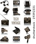 Two-tone silhouettes of vintage technological objects, part of a collection of fashion and lifestyle objects