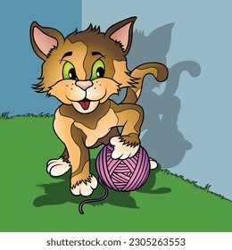 Zwei-Töne-Spotted Kitty mit einem Ball aus Wolle - farbige Cartoon-Illustration mit Hintergrund, Vektorgrafik