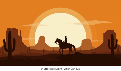 Silhueta de vetor de dois tons ilustração de cavalo de equitação de Cowboy ao pôr do sol com Saguaro Cactus e Mesa formações na paisagem dramática do deserto