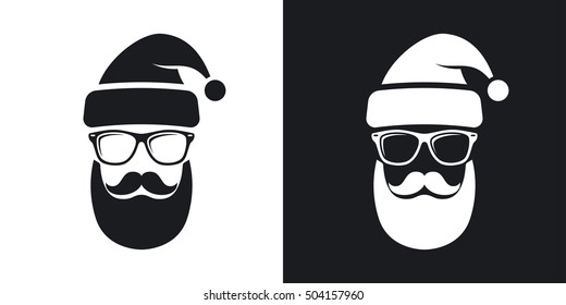 Two-tone version of silhouette of Santa Claus with a cool beard, mustache and glasses on black and white background