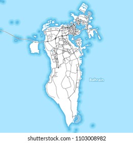 Two-toned map of the island of Bahrain with the largest highways, roads and surrounding islands and islets