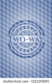 Two-way blue emblem or badge with geometric pattern background.