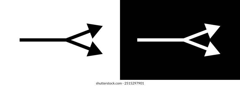 Two-way direction red arrow icon. Abstract three head arrows silhouette. Road direction icon. Vector illustration in eps 10.