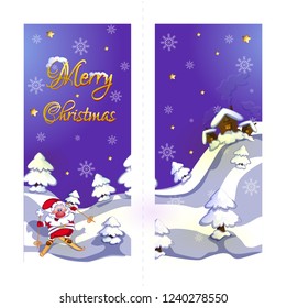 Two-way greeting card. Happy New Year and Merry Christmas. Santa Claus skiing, winter night landscape, Christmas trees and houses on the mountain. Vector cartoon template.