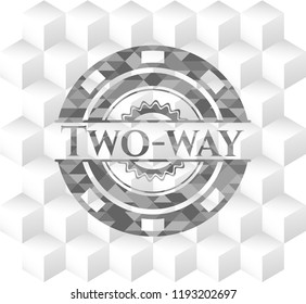 Two-way grey emblem. Retro with geometric cube white background
