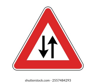 Two-Way Traffic Road Sign Featuring a Triangular Shape with a Red Border and White Background, Indicating the Presence of Vehicles Traveling in Both Directions, Available as a Vector File