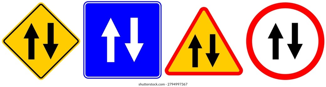 Two-way traffic road sign icon set isolated on white background. Double arrow navigation symbols vector illustration.
