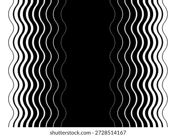 Two-way transition from black to white with abstract waves from lines. Vector background for covers, advertising, posters, marketing, packaging, wall art, branding. Modern striped design element. Waves, water, sea. Interior decor