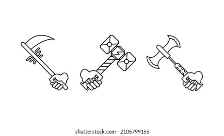 Two-way warrior ax in the air, shield and Reaper blade icon set. Shield-sword in hand special collection linear icon set. Download creative war encounter related vector. White background.