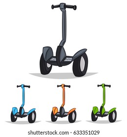 Two-wheel self-balancing scooter. Vector cartoon illustration of eco electric transport in different colors isolated on white background.