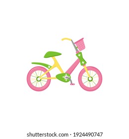 two-wheeled bicycle with a basket for a teenager. Bright colors for the girl. Isolated on a white background. Vector illustration, flat.