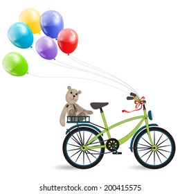 two-wheeled bike with colourful balloons and Teddy bear