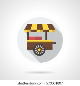 Two-wheeled trolley with striped brown and yellow awning for sale burgers. Round flat color style icon
