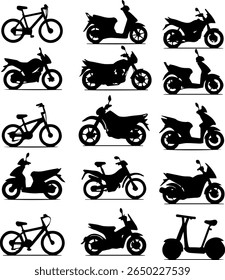 Two-Wheelers Silhouettes Set 16 Bike and Scooter Vector Icons