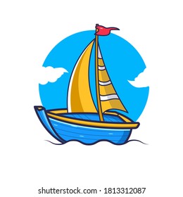 Two-wing sailing boat, flying flags and bright clouds, premium icon illustration, eps 10, suitable for stickers, t-shirts, key chains, products, etc.