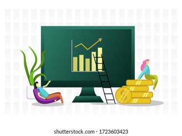 Two-woman project statistic, diagram teamwork for business company. setting income profit in monitor design illustration, interior coins stay safe home vector isolated