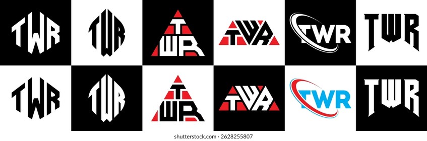TWR letter logo design in six style. TWR polygon, circle, triangle, hexagon, flat and simple style with black and white color variation letter logo set in one artboard. TWR minimalist and classic logo
