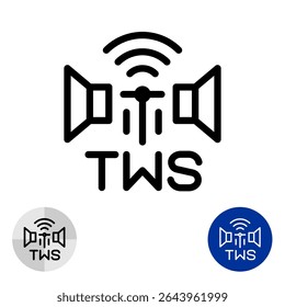 TWS icon. True wireless stereo technology text sign. Speakers with electronic waves and abbreviation word TWS symbols