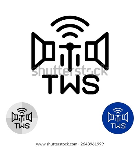 TWS icon. True wireless stereo technology text sign. Speakers with electronic waves and abbreviation word TWS symbols