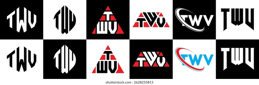 TWV letter logo design in six style. TWV polygon, circle, triangle, hexagon, flat and simple style with black and white color variation letter logo set in one artboard. TWV minimalist and classic logo