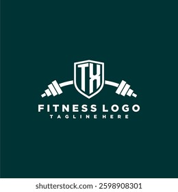 TX initial monogram for fitnes or gym logo with creative shield and barbell design