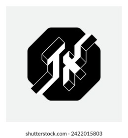TX - monogram or logotype. Volume alphabet. Isometric 3d font for design. Three-dimension letters T and X on a hexagonal substrate.