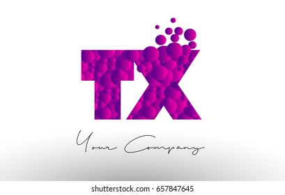 TX T X Dots Letter Logo with Purple Pink Magenta Bubbles Texture Vector.