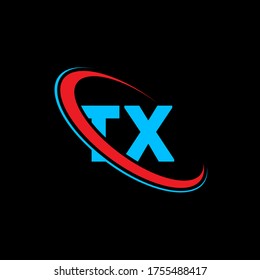TX T X letter logo design. Initial letter TX linked circle uppercase monogram logo red and blue. TX logo, T X design. tx, t x