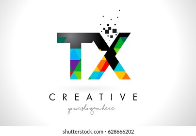 TX T X Letter Logo with Colorful Vivid Triangles Texture Design Vector Illustration.