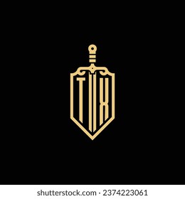 El escudo vintage TX y el logotipo inicial de la espada en un diseño profesional de alta calidad que se imprimirán a través de cualquier medio de impresión