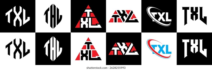 TXL letter logo design in six style. TXL polygon, circle, triangle, hexagon, flat and simple style with black and white color variation letter logo set in one artboard. TXL minimalist and classic logo
