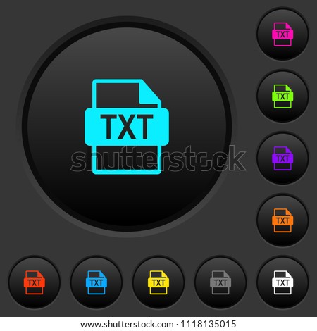 TXT file format dark push buttons with vivid color icons on dark grey background