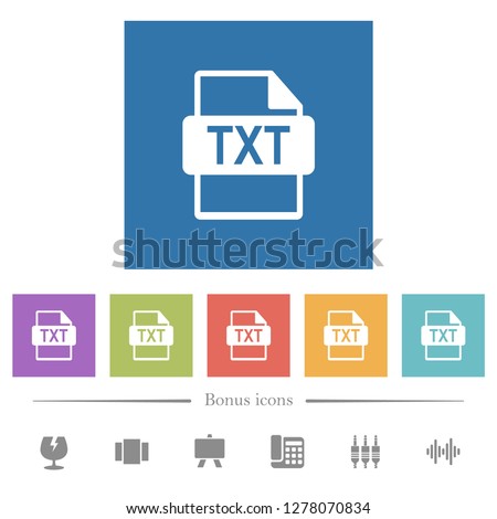 TXT file format flat white icons in square backgrounds. 6 bonus icons included.