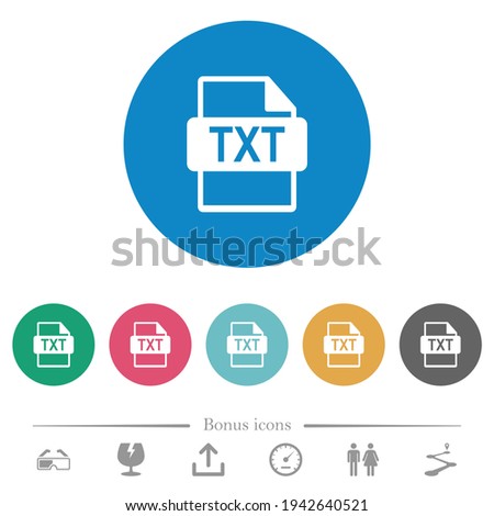 TXT file format flat white icons on round color backgrounds. 6 bonus icons included.