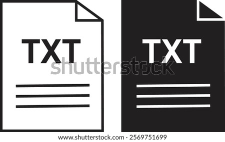 TXT file icon set. TXT file type symbol. File TXT format icon in black filled and outlined style isolated on transparent background. Ideal for technology or data related content, vector illustration.