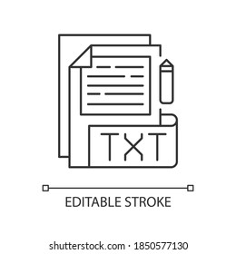 TXT file pixel perfect linear icon. File extension. Simple text editors. Information storing. Thin line customizable illustration. Contour symbol. Vector isolated outline drawing. Editable stroke