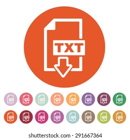 The TXT icon. Text file format symbol. Flat Vector illustration. Button Set