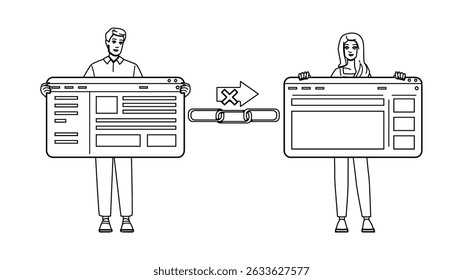 TXT nofollow Vector. Enlace interno, backlink linkbuilding, optimización SEO TXT nofollow carácter. personas ilustración de dibujo a lápiz de línea negra