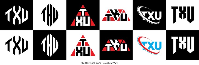 TXU letter logo design in six style. TXU polygon, circle, triangle, hexagon, flat and simple style with black and white color variation letter logo set in one artboard. TXU minimalist and classic logo