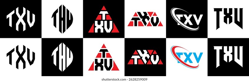 Design de logotipo de letra TXV em estilo seis. Polígono TXV, círculo, triângulo, hexágono, estilo simples e plano com logotipo de letra de variação de cor preta e branca definido em uma prancheta. TXV minimalista e logotipo clássico