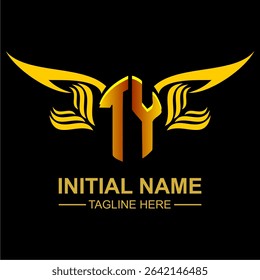 TY Golden Wing Emblem Logo with elegant gold wings, sleek and modern design. Ideal for branding, creative projects, luxury businesses, or artistic ventures.