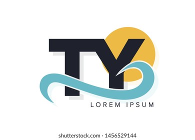 TY letter logo with ocean waves and sunset. Beach concept design