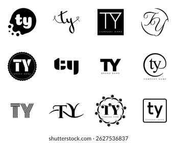TY logo company template. Letter t and y logotype. Set different classic serif lettering and modern bold text with design elements. Initial font typography. Collection trendy business identity.