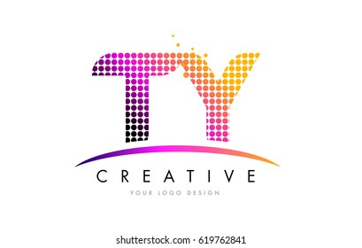TY T Y Dots Letter Logo Design with Magenta Bubble Circles and Swoosh