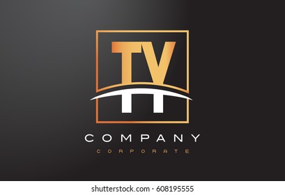 TY T Y Golden Letter Logo Design with Swoosh and Rectangle Square Box Vector Design.