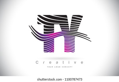 TY T Y Zebra Texture Letter Logo Design With Creative Lines and Swosh in Purple Magenta Color Vector.