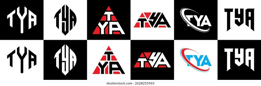 Diseño de logotipo de letra TYA en seis estilos. TYA polígono, círculo, triángulo, hexágono, estilo plano y simple con logo de letra de variación de color blanco y negro en una mesa de trabajo. Logotipo minimalista y clásico de TYA