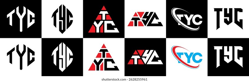 TYC letter logo design in six style. TYC polygon, circle, triangle, hexagon, flat and simple style with black and white color variation letter logo set in one artboard. TYC minimalist and classic logo